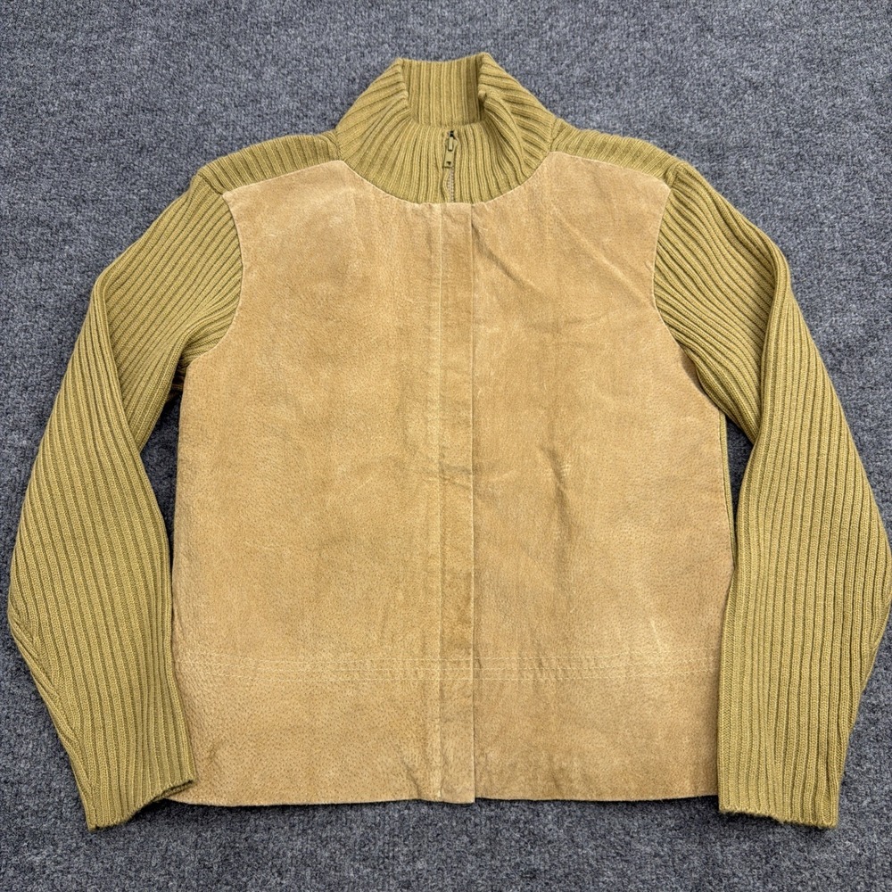 Outbrook Womens 14/16 Ribbed Mock Neck Sweater Pig Leather Front‎ Panel Full Zip